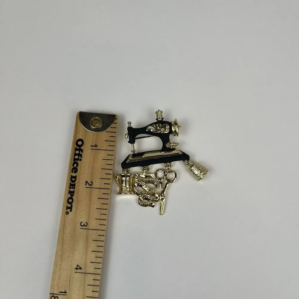Vintage AJC Sewing Machine Brooch Pin Gold Tone Dangle Charms Scissors Thimble